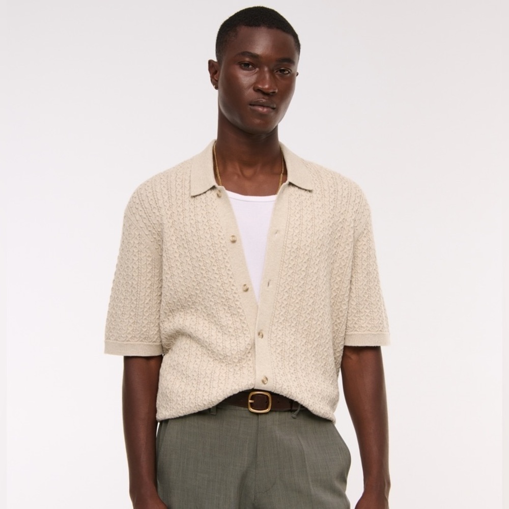 A&F Cream Cable Button-Through Sweater Polo L